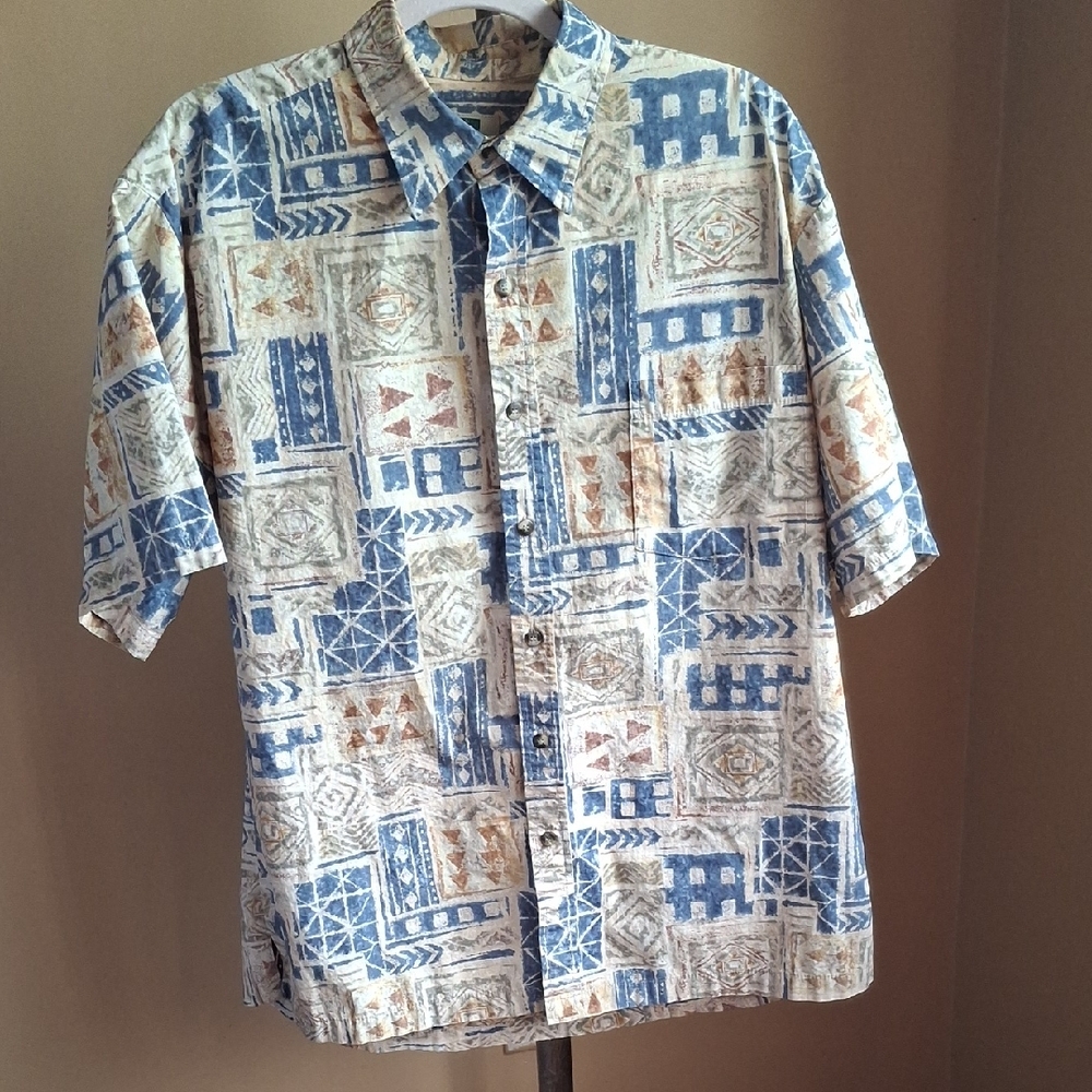 Tori Richards Geometric Print Shirt - Blue/Cream Men Large